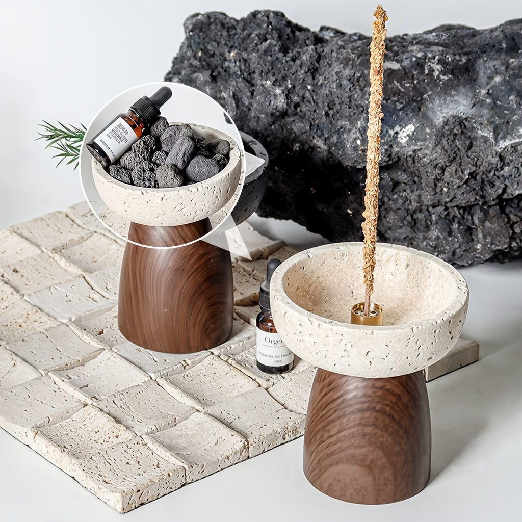 1pc Natural Stone Incense Holder & Diffuser | Beige Brown Marble Pattern with Empty Jars\u002FBags, Dual-Use for Oils & Incense Bags, Ideal for Home & Altar Self-Use, No Electricity Needed