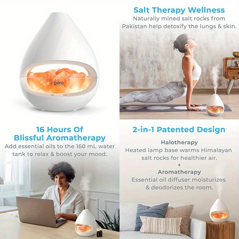 Pure Enrichment PureGlow Crystal 2in1 Himalayan Salt Lamp and Soundwave technology Essential Oil Diffuser Original Salt Lamp 100 Pure Himalayan Salt Ambient Glow 5.41oz 16Hour Tank White